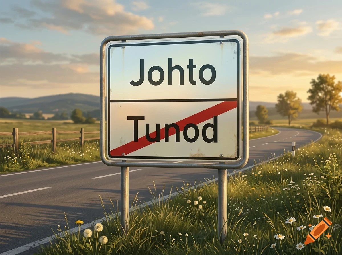 A roadside sign with the text Johto and Tunod against a scenic landscape background.