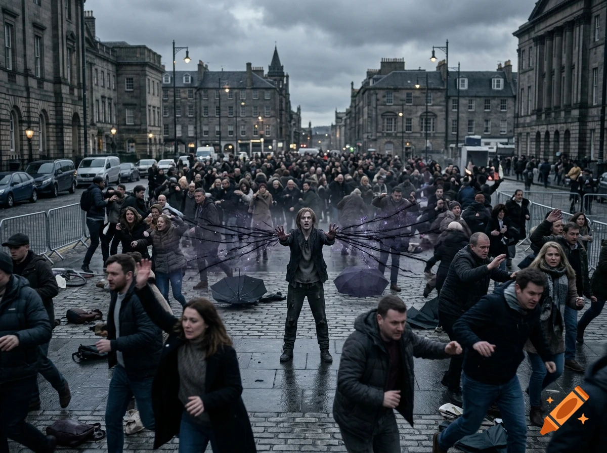 Photorealistic scene of a central figure passing a curse with dark energy tendrils to a horrified crowd on a European city street.