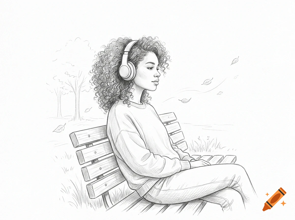A pencil sketch of a young woman with curly hair wearing headphones and sitting on a park bench.