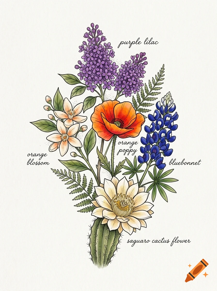 An illustrated botanical bouquet featuring labeled flowers including purple lilac, orange blossom, orange poppy, bluebonnet, and saguaro cactus flower on a textured white background.