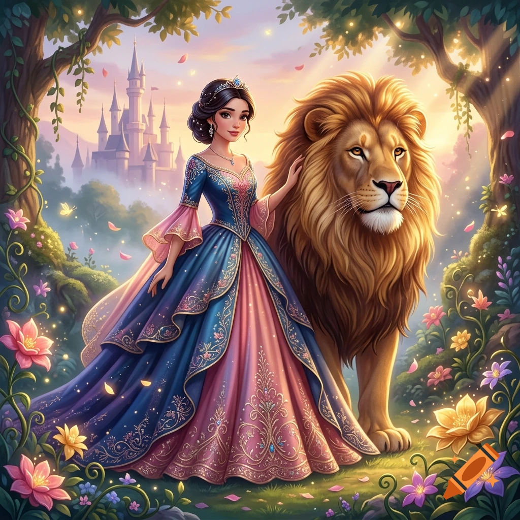 An ornate digital painting of a princess in a blue and pink gown standing next to a large male lion in a magical forest near a castle.