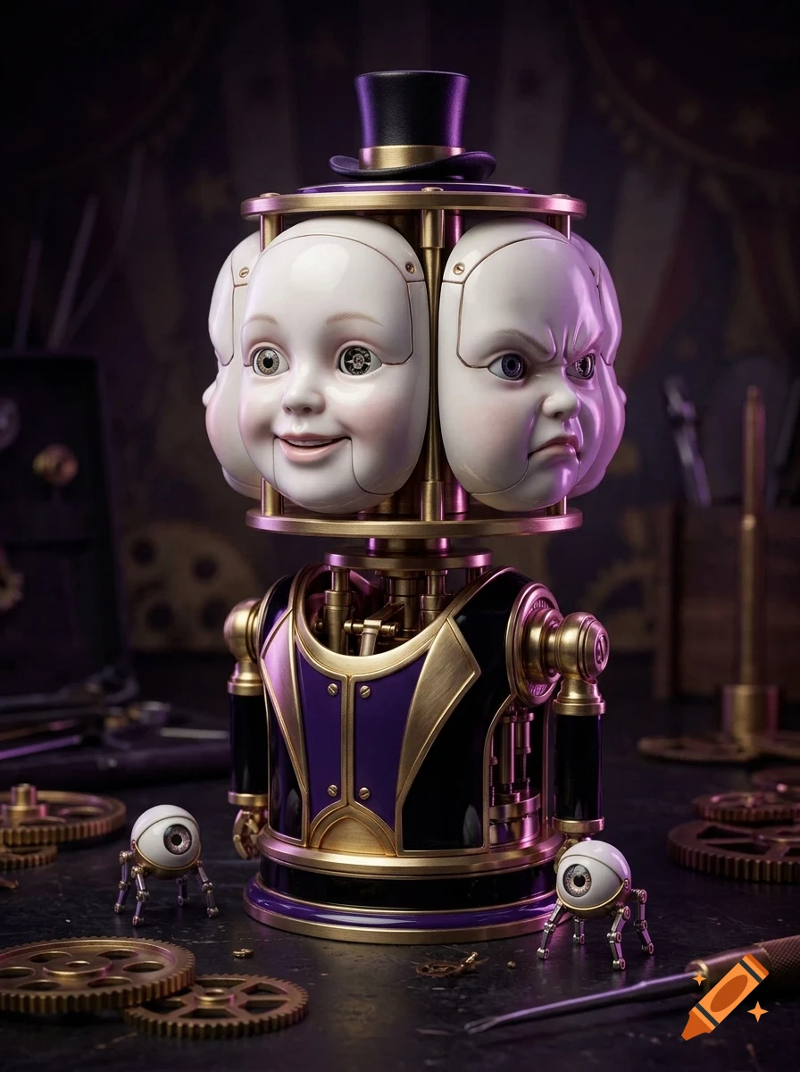 An elaborate mechanical automaton with a rotating multi-faced head displaying different expressions, wearing a top hat and a purple and gold outfit, surrounded by gears and two small spider-like mechanical eyes.