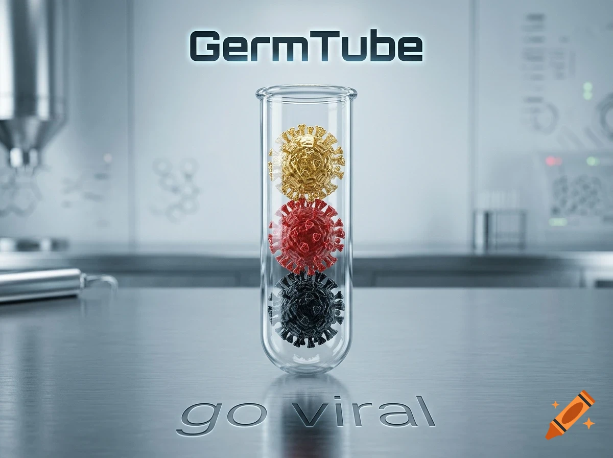 A glass test tube standing on a metal laboratory table, containing three colored virus models inside.