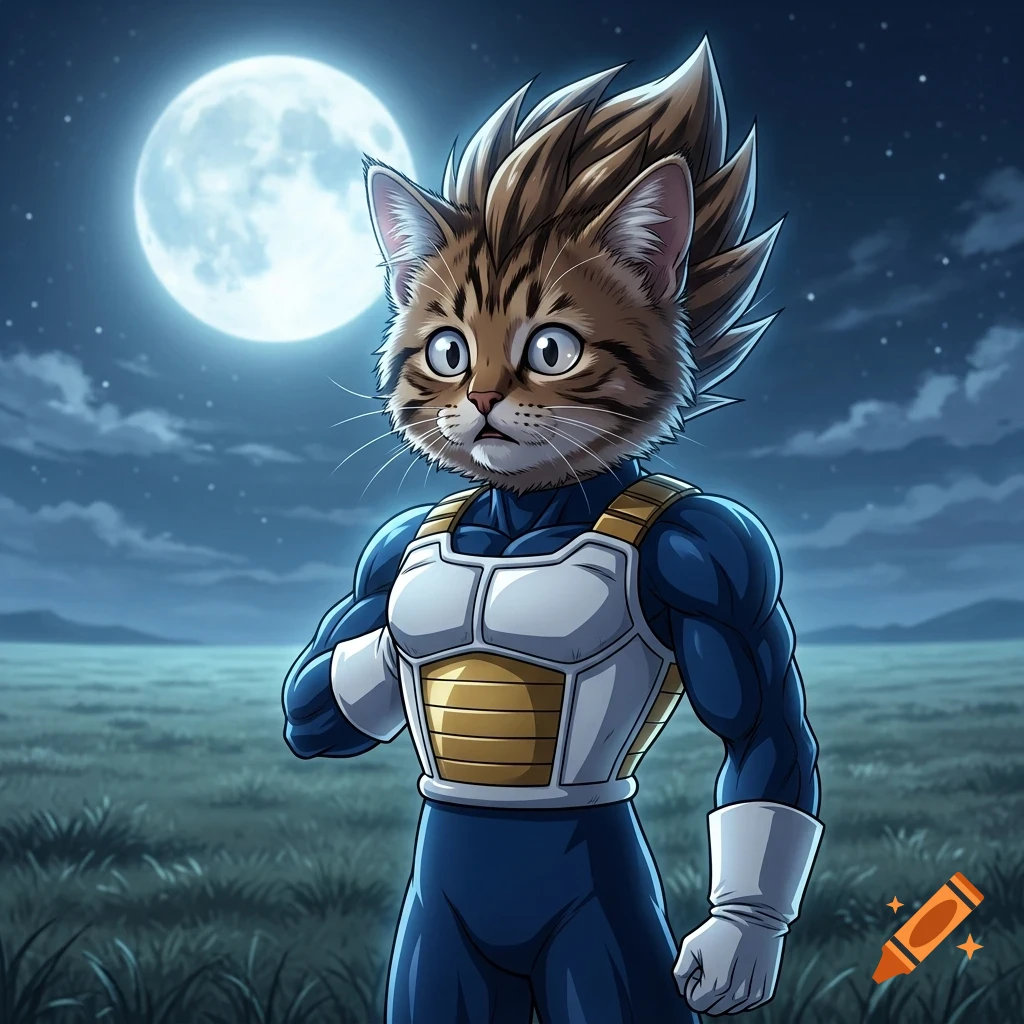 An anthromorphic cat with spiky hair wearing a blue and white armor suit stands in a grassy field under a full moon and starry night sky.