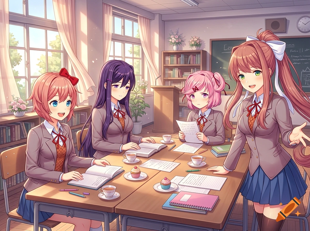 Anime style illustration of four schoolgirls gathered around a classroom desk with books, cupcakes, and tea, chatting and smiling.