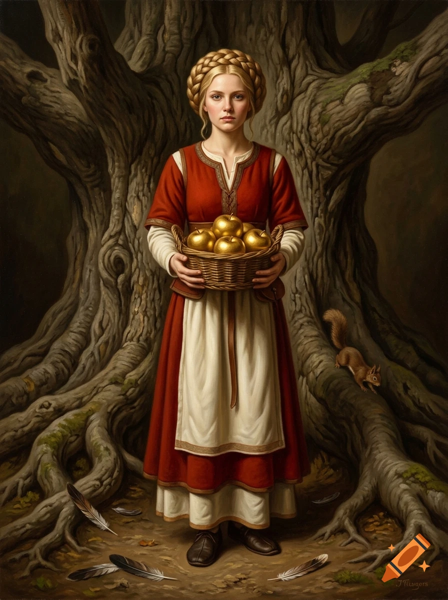 Renaissance oil painting of a blonde Viking woman with braided hair holding a basket of golden apples in front of a large tree.
