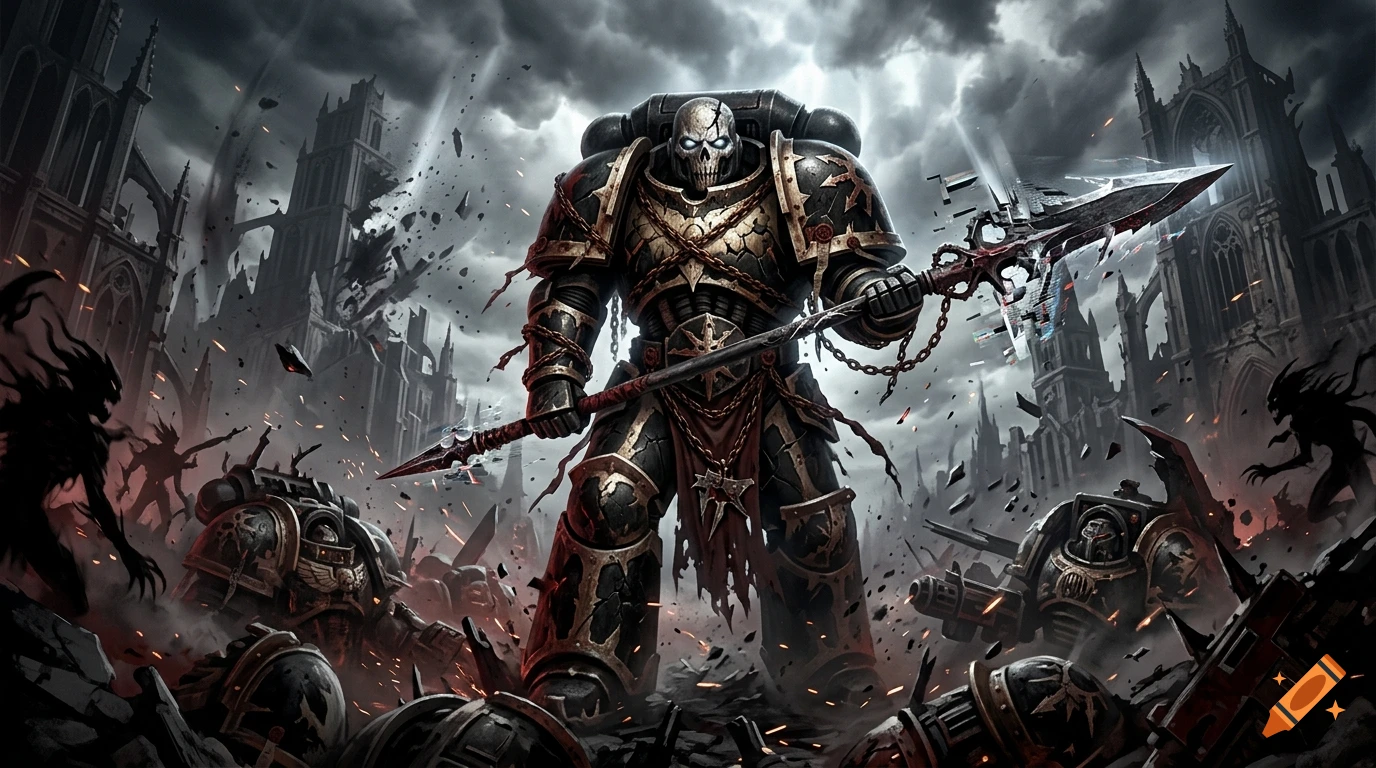 An imposing black-armored space marine with a skull mask wielding a spear amid a ruined gothic battlefield, dark sci-fi style.