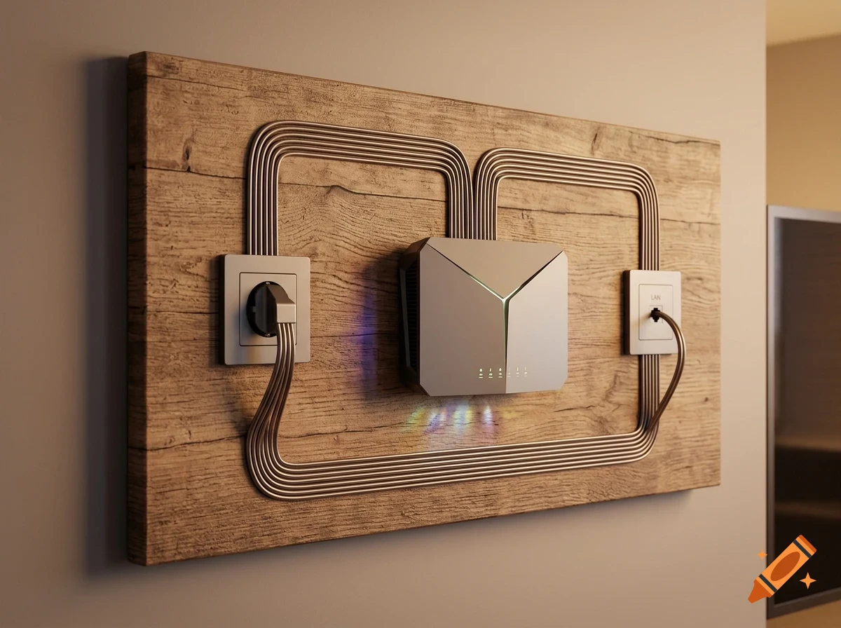A stylized electronic device mounted on a wooden board with integrated cables connected to power and network outlets.