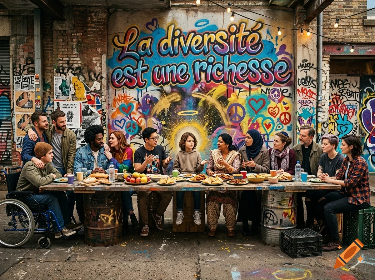 A diverse group of people of various backgrounds and ages gather around a long wooden table outdoors, sharing a meal in front of a colorful graffiti wall.