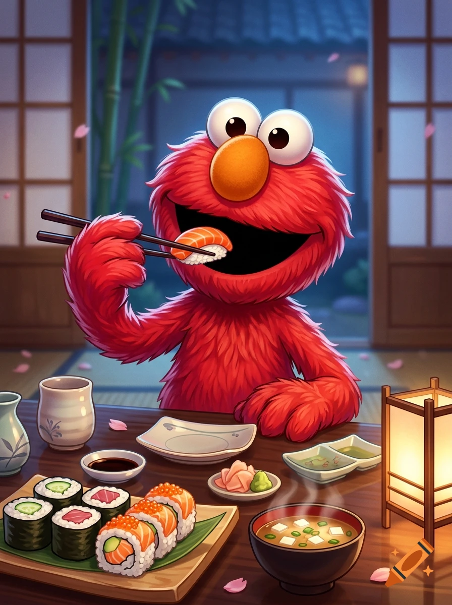 Digital art of Elmo eating sushi with chopsticks in a traditional Japanese setting with a table full of sushi rolls and miso soup.