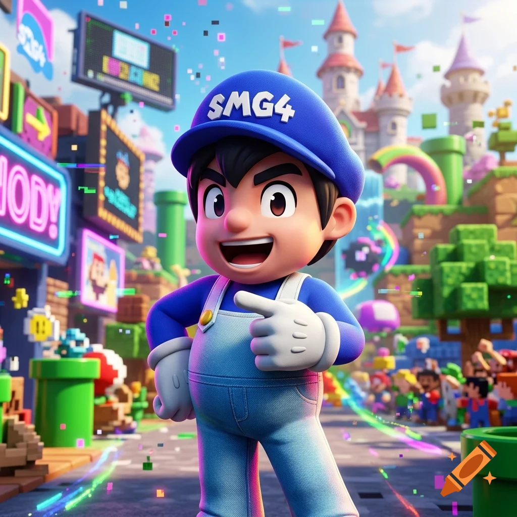 A 3D animated character wearing a blue cap with SMG4 lettering and blue overalls, pointing forward amidst a colorful video game-style city landscape.
