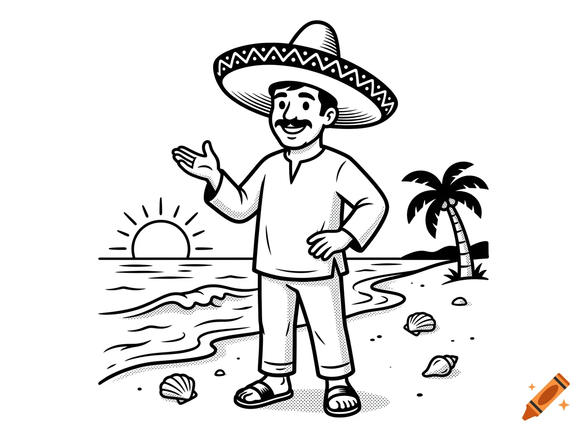 Black and white vector illustration of a man wearing a sombrero on a beach at sunset.
