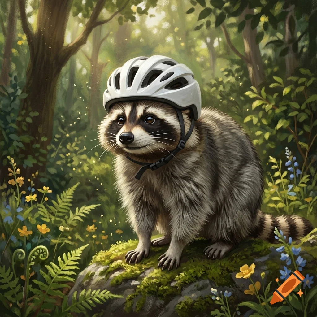 A fluffy raccoon wearing a white bicycle helmet stands on a mossy rock in a lush forest surrounded by trees, ferns, and small wildflowers.
