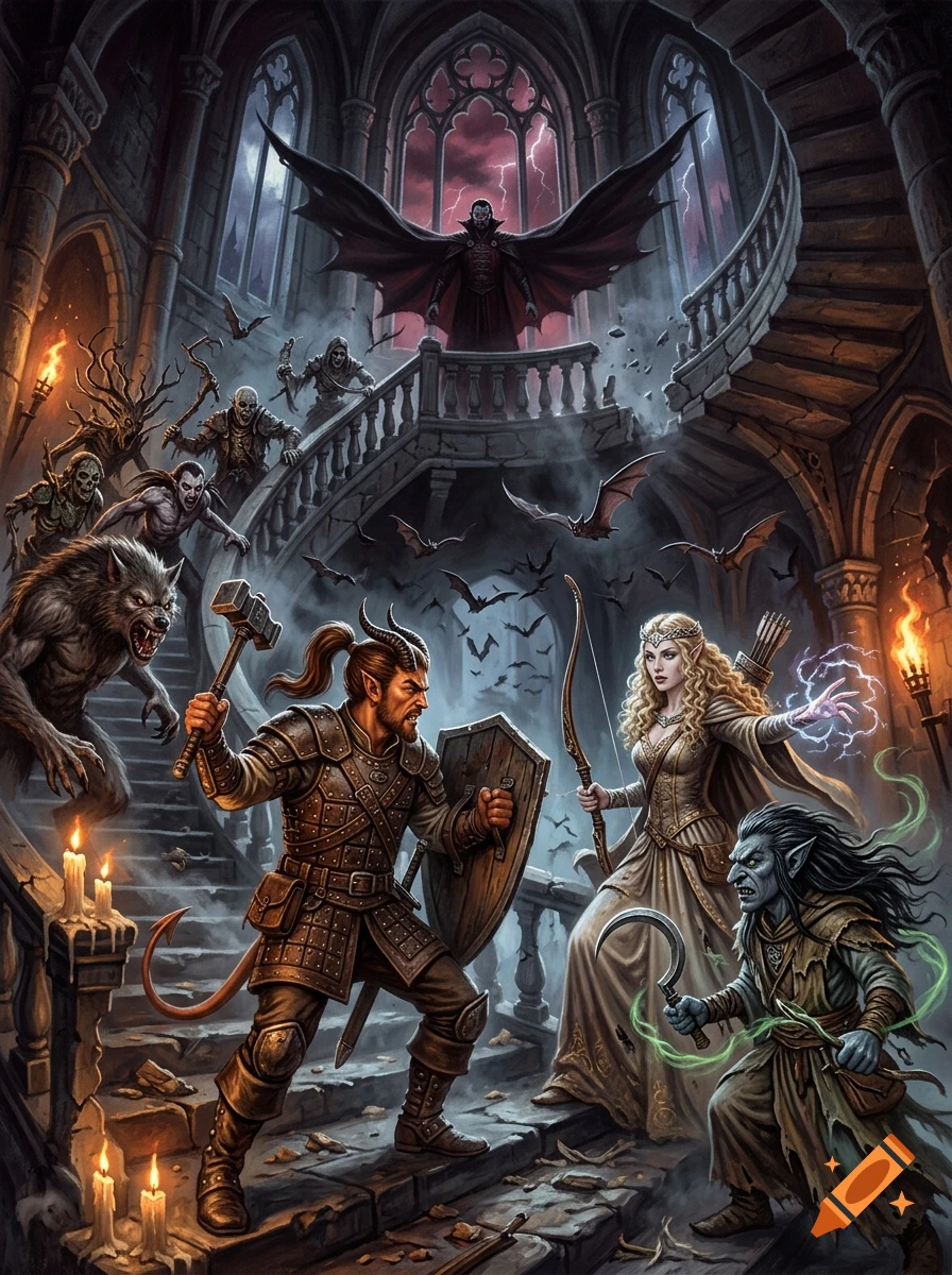80s fantasy style illustration of three heroes fighting monsters on a castle staircase against a vampire.