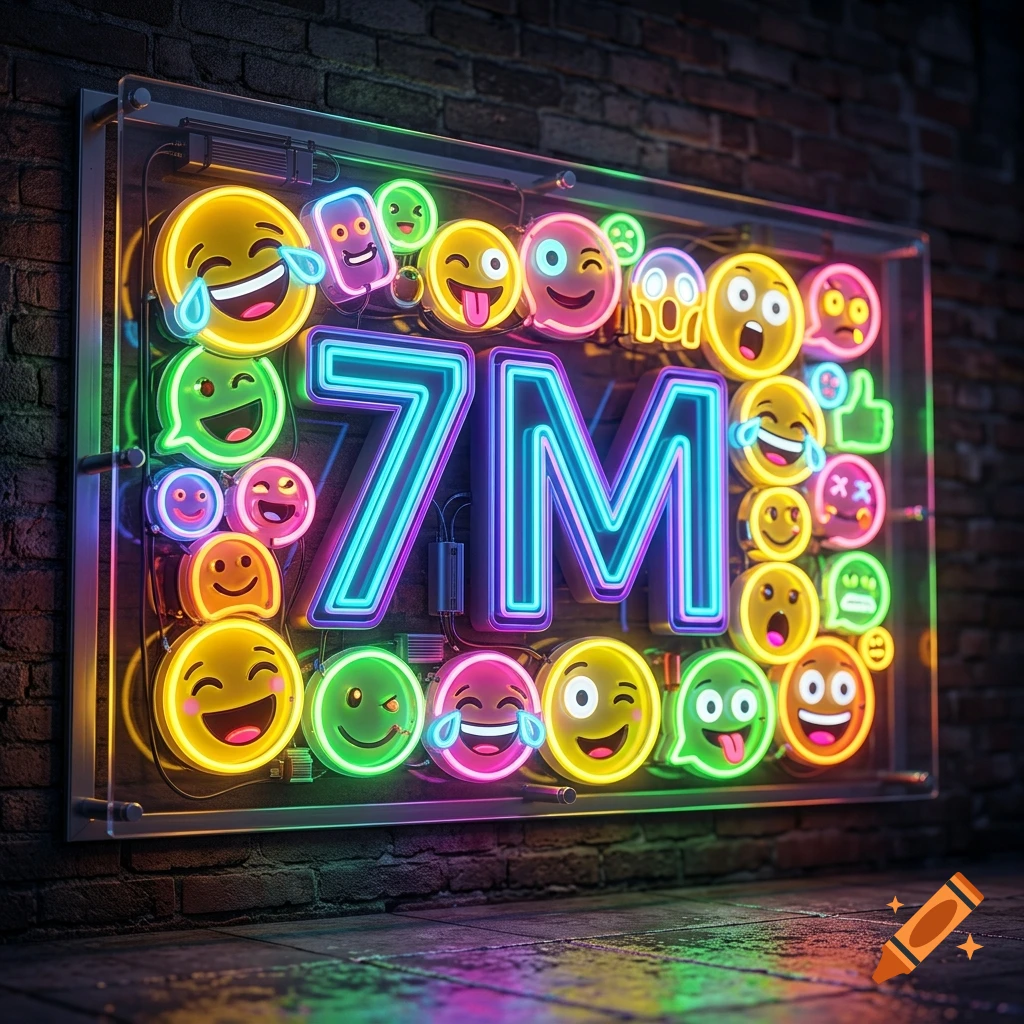 A glowing neon sign reading 7M surrounded by various happy and silly emoji faces against a dark brick wall.
