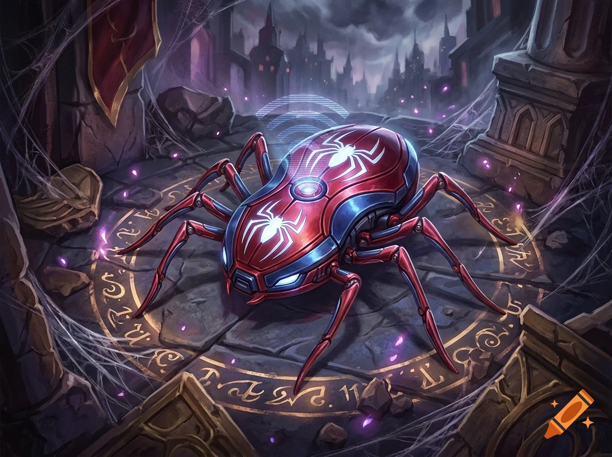 A robotic red and blue spider-like insect is centered on a stone floor with glowing circular symbols, surrounded by webs and ruined structures.