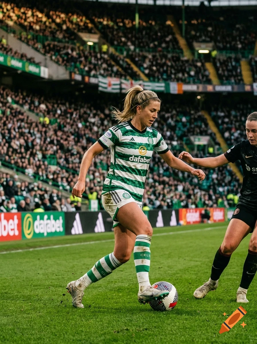 A female soccer player in a green and white striped jersey controls the ball on a green pitch during a match in a crowded stadium.