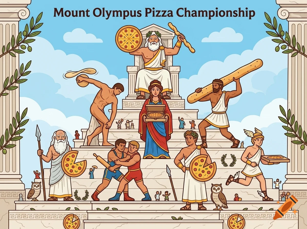 An illustrated vector artwork titled 'Mount Olympus Pizza Championship' showing Greek gods and figures participating in a pizza competition on Mount Olympus.