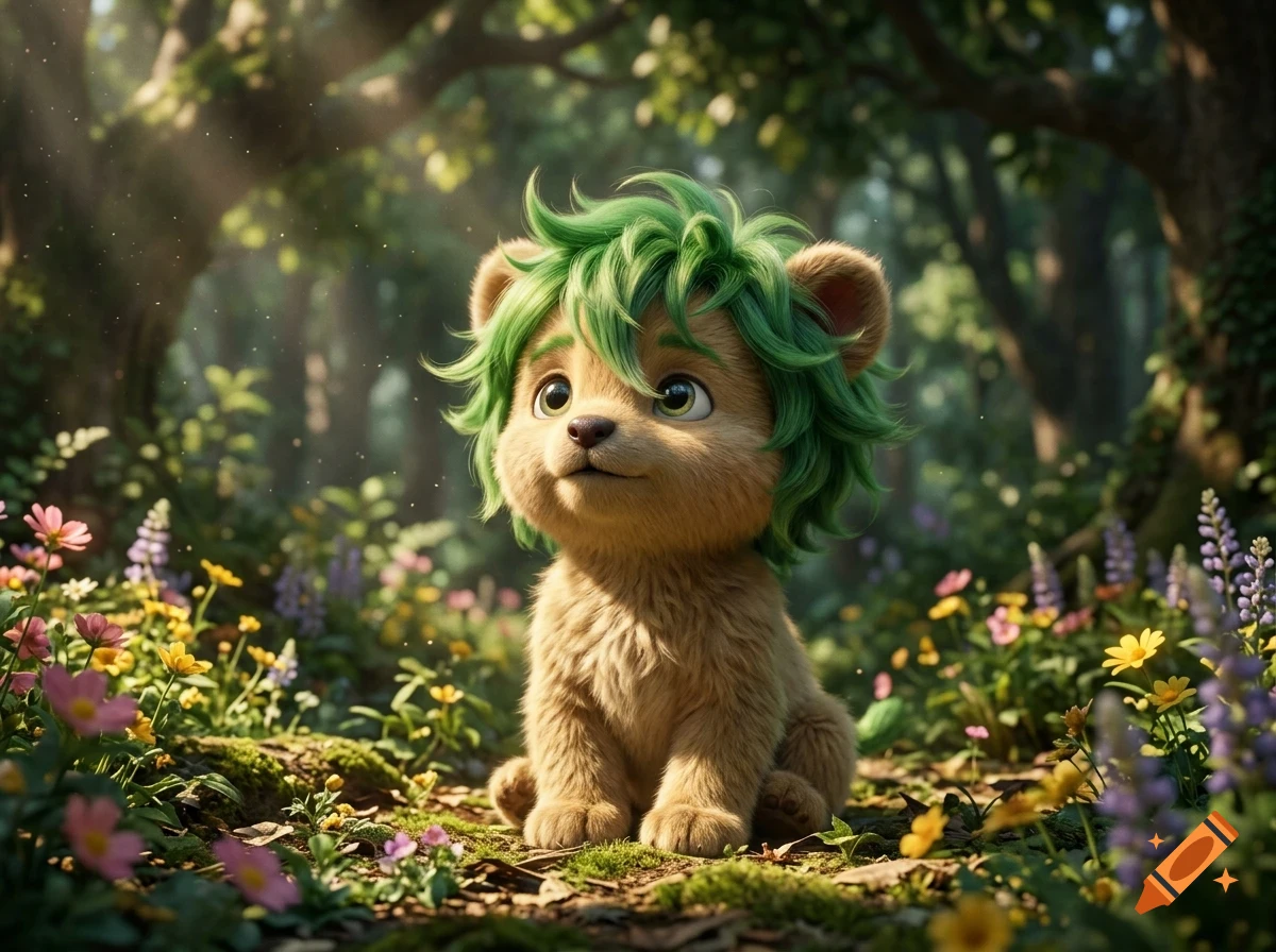 A fluffy fantasy creature with green hair sits in a sunlit forest surrounded by wildflowers.
