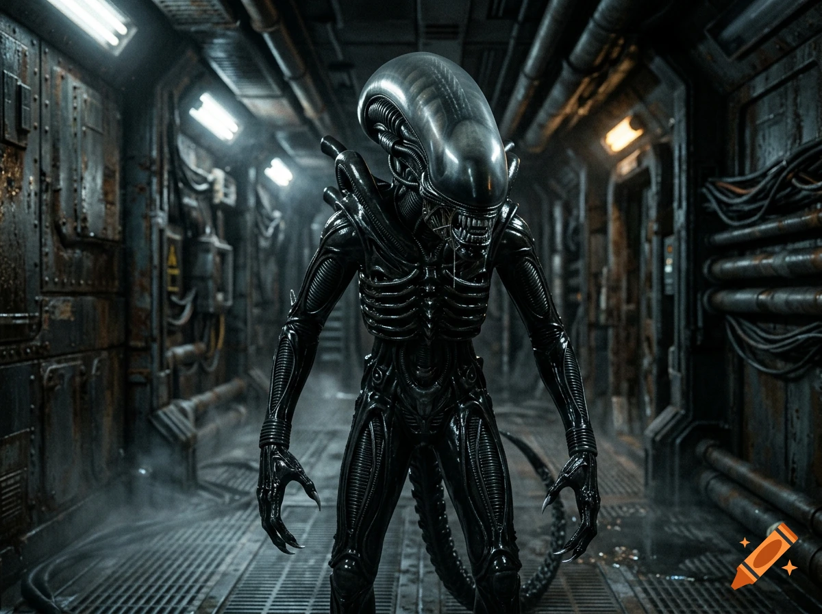 Photorealistic Xenomorph standing in a dark, metallic spaceship corridor with glowing lights and pipes.