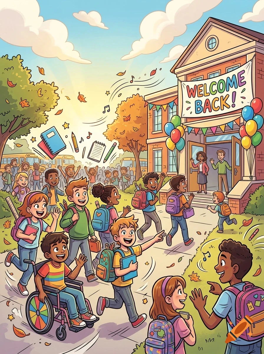 Children arriving at school on a sunny autumn morning, featuring a welcome back banner, school building, and flying school supplies.