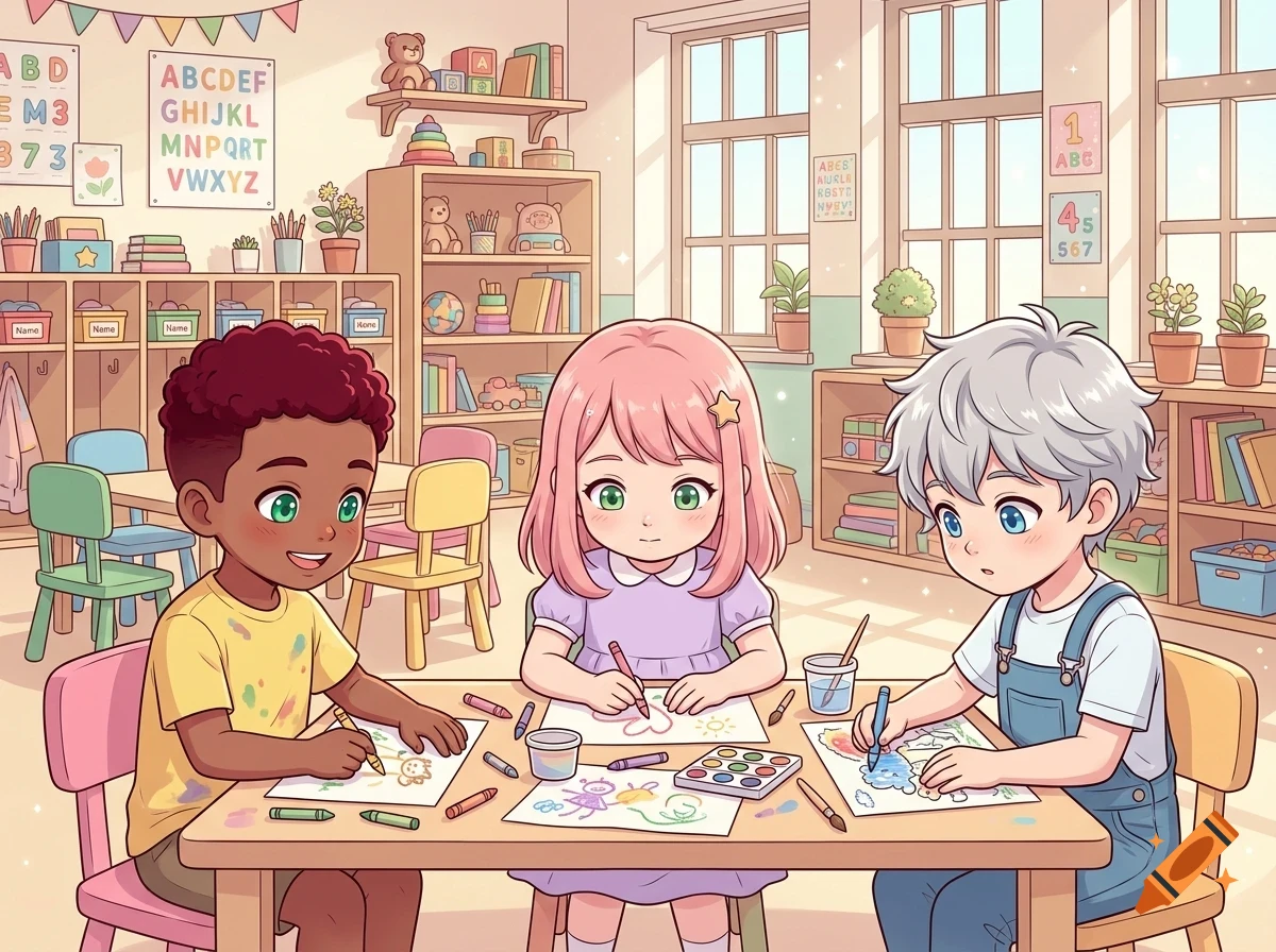Three children drawing with crayons and paints at a table in a bright, colorful preschool classroom.