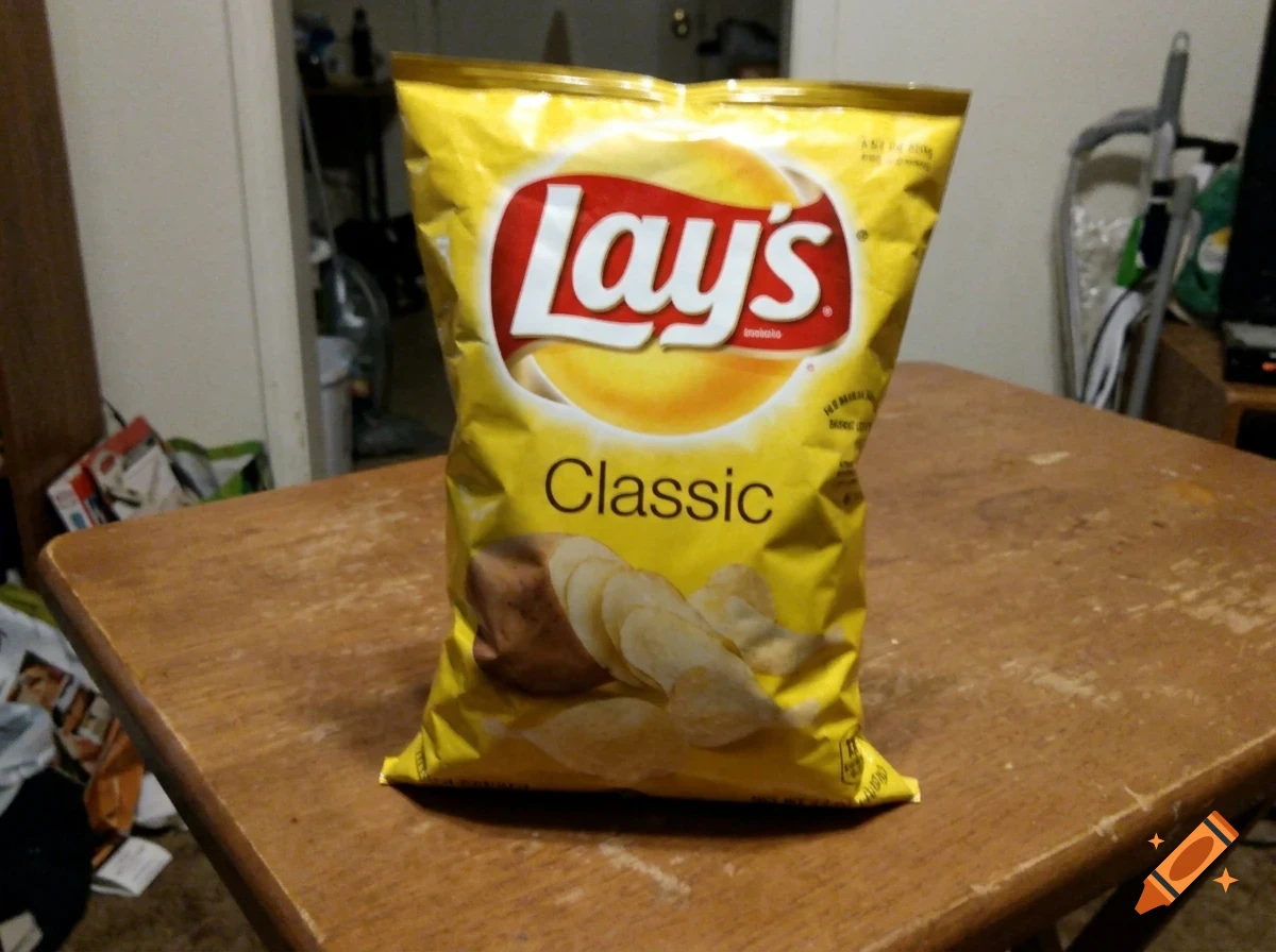 A bag of Lay's Classic potato chips sitting on a wooden table.