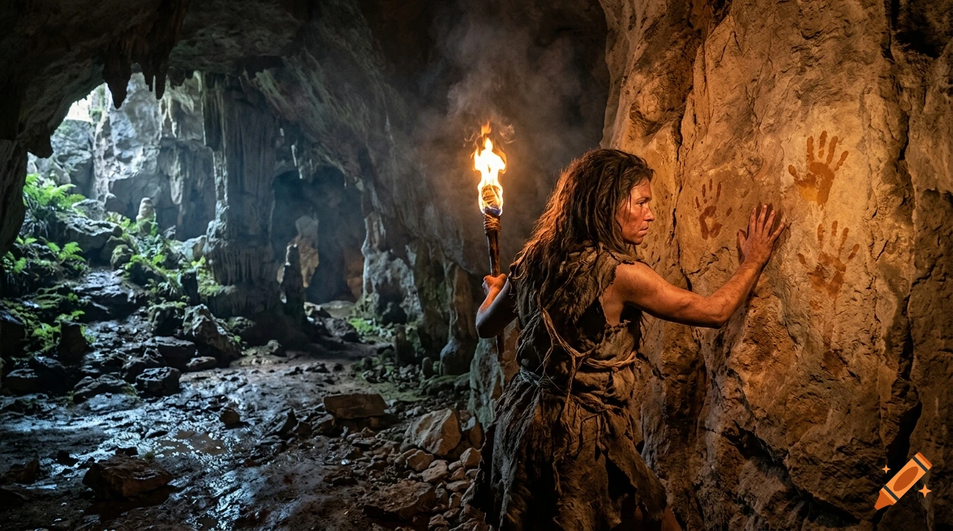Photorealistic scene of a prehistoric woman holding a torch and making handprints on a cave wall.