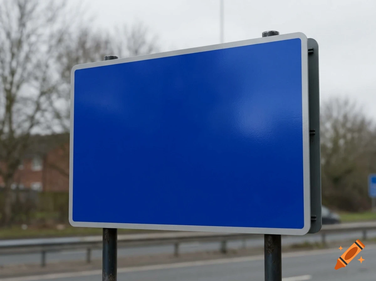 A blank blue road sign with a white border mounted on two posts outdoors.