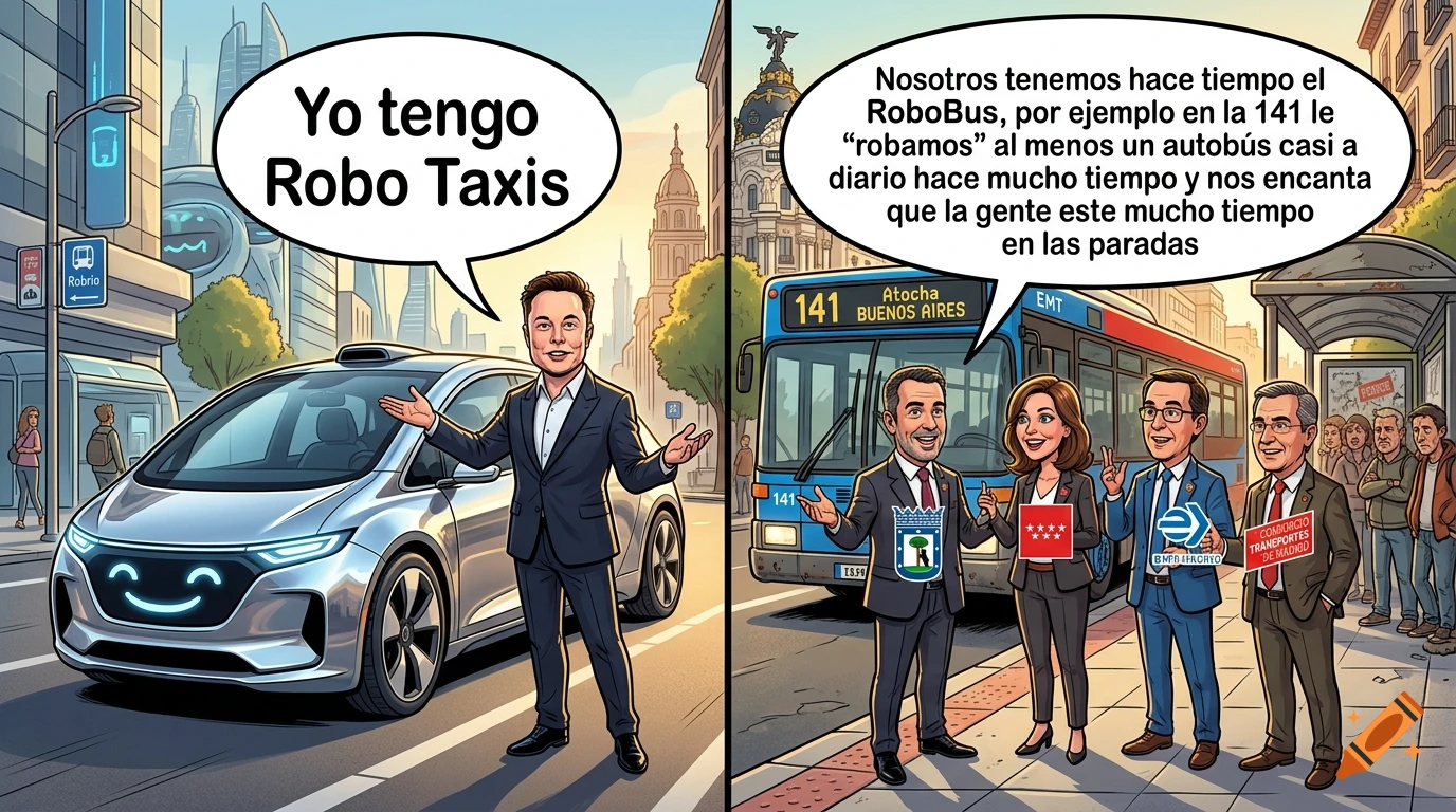 Comic-style illustration of Elon Musk next to a robotic taxi on the left, and Madrid city officials next to a city bus on the right.