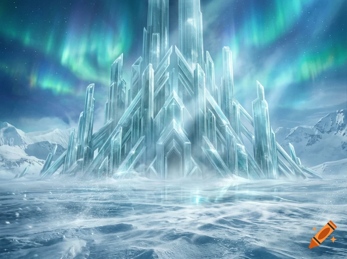 A majestic crystal ice castle stands in a snowy arctic landscape under a glowing green and blue aurora borealis.