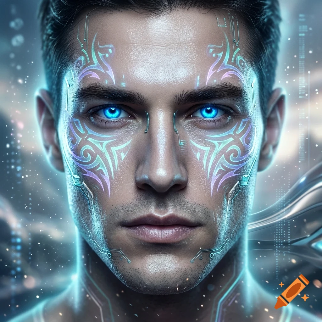 Close-up portrait of a man with glowing blue eyes, light patterns, and cybernetic lines on his face.