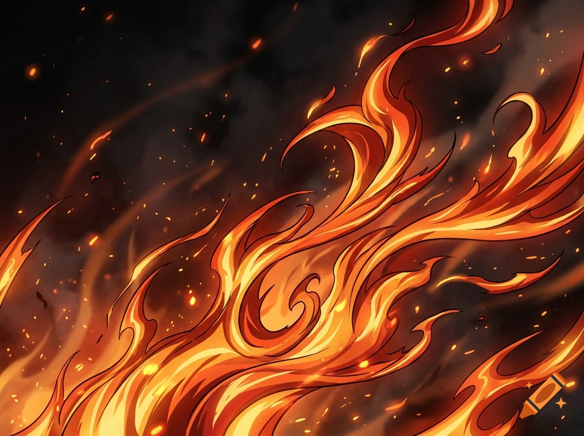 Digital anime style illustration of bright orange and yellow flames against a dark smoky background with glowing embers.