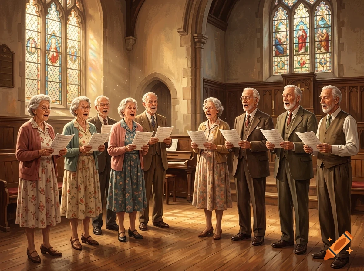 An elderly choir singing together inside a church, holding sheet music while light streams through stained-glass windows.