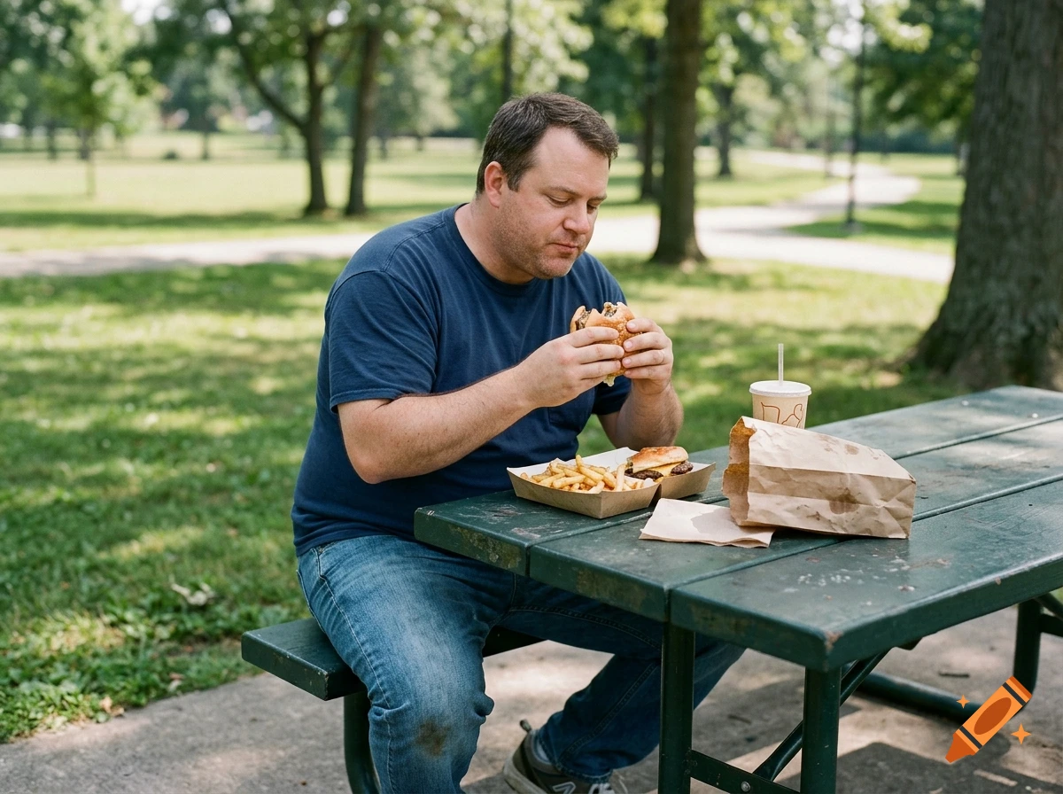 Photorealistic image of a man eating a burger and fries at a wooden picnic table in a park.