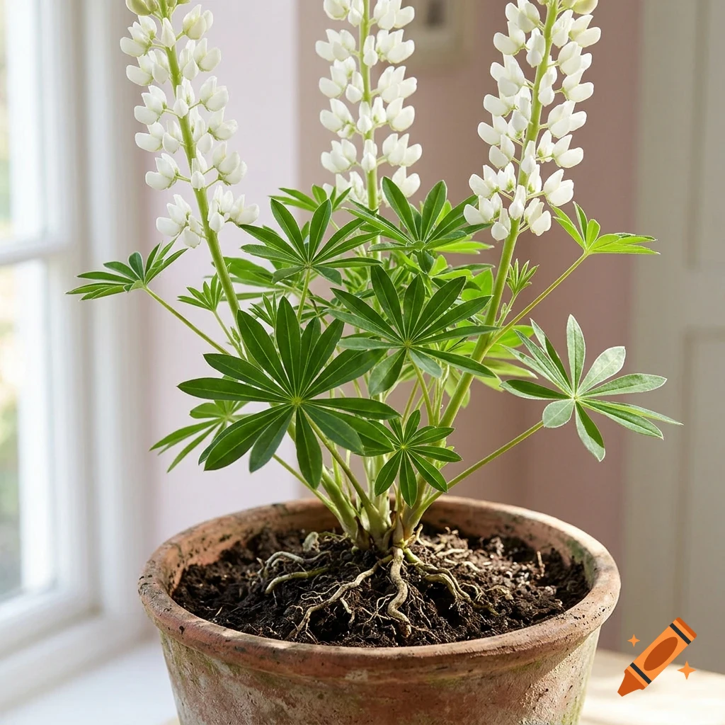 Potted white lupine plant with tall flower spikes and palmate green leaves in a terracotta pot.