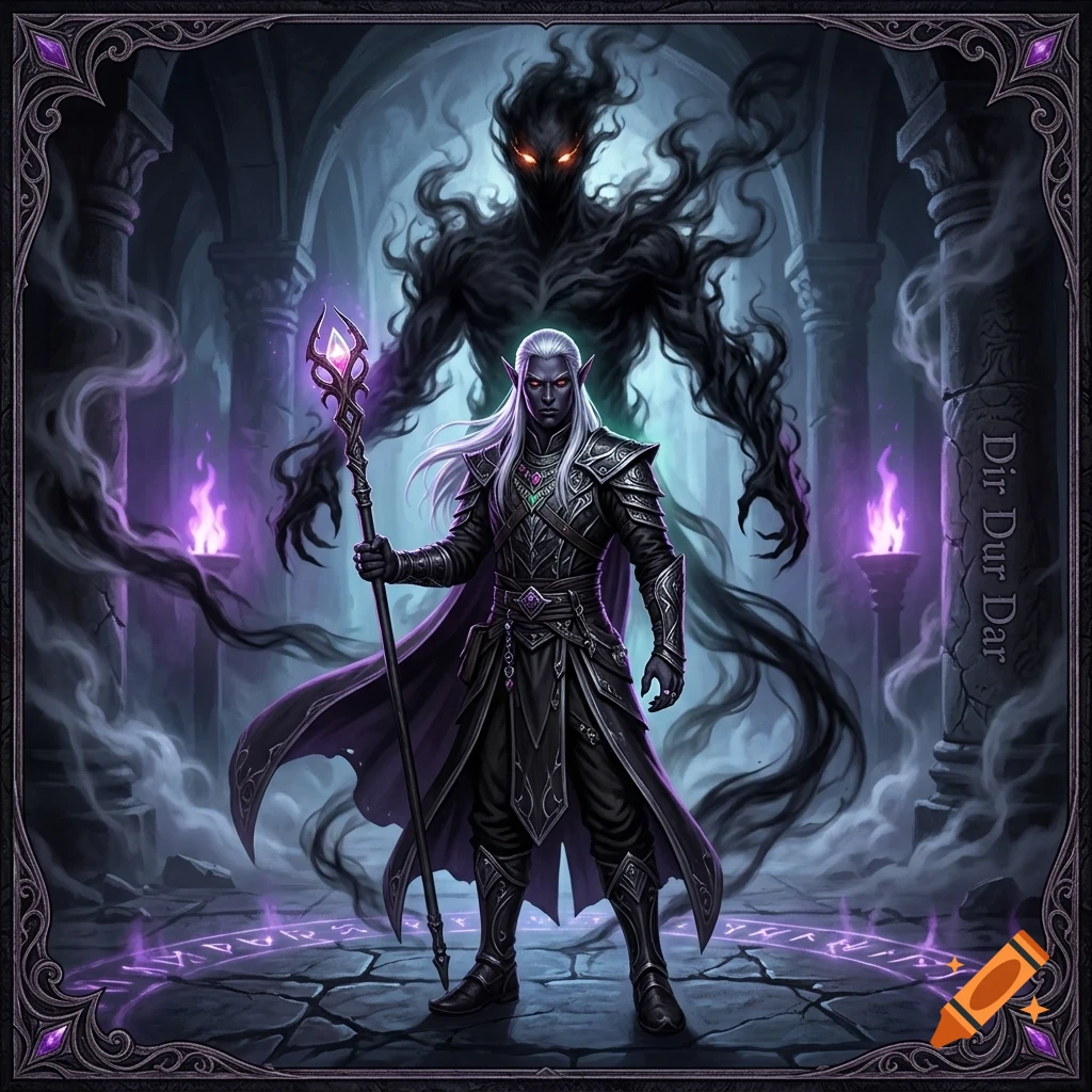An elf sorcerer in dark armor with a glowing staff stands in a chamber, flanked by a shadowy creature with glowing eyes.