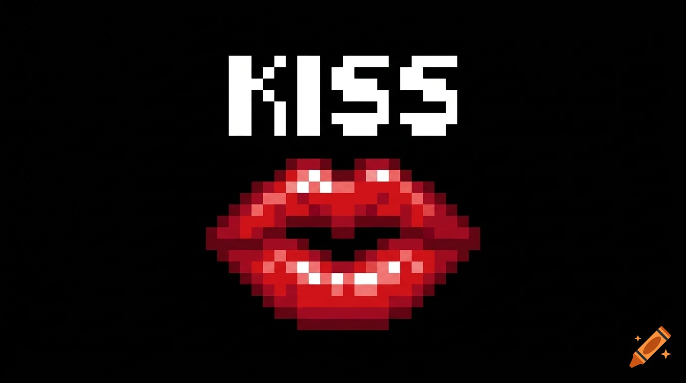 Pixel art of red lips with the word KISS above them on a black background.