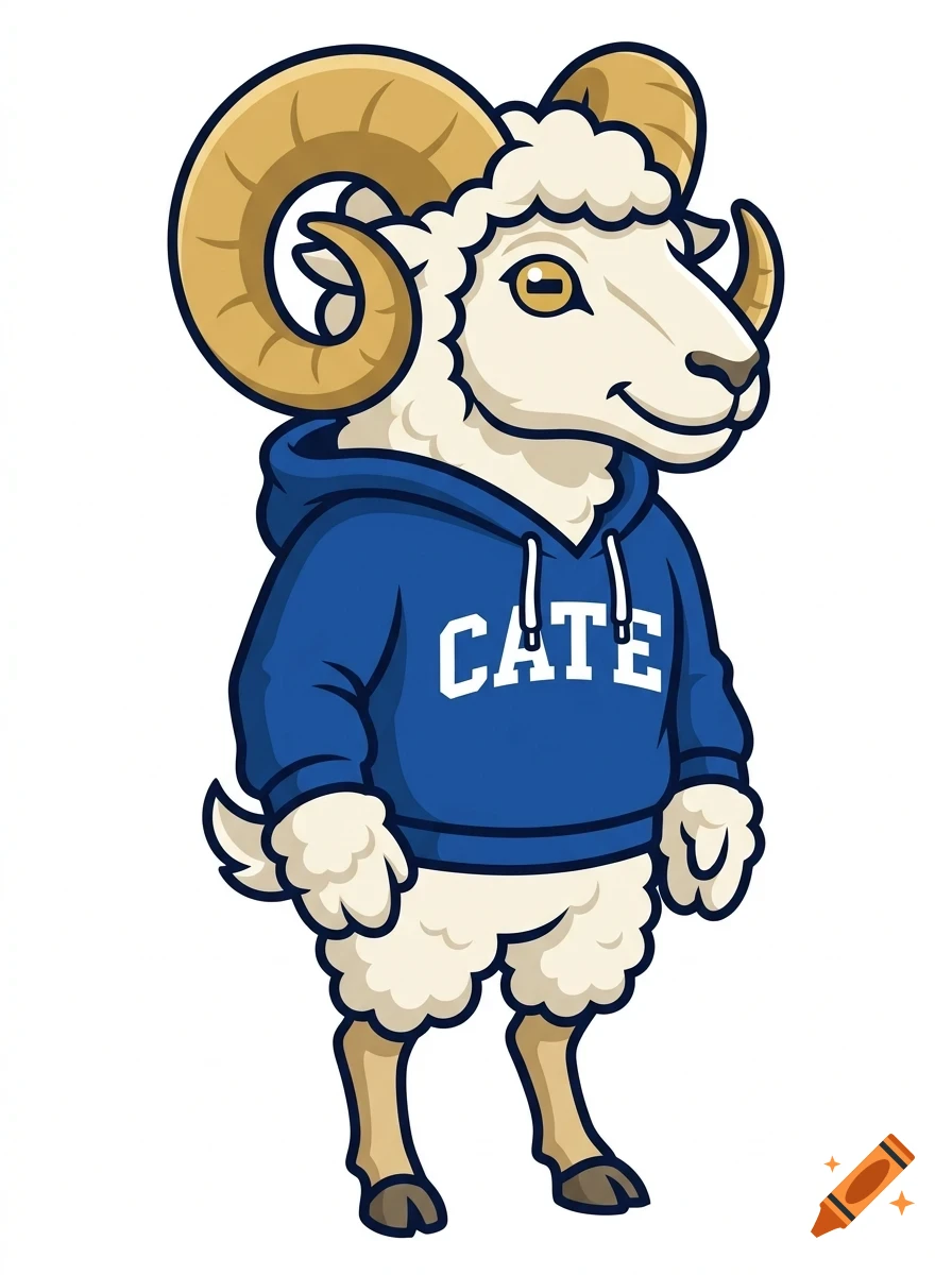 An anthropomorphic ram wearing a blue hoodie with white lettering standing on a white background.