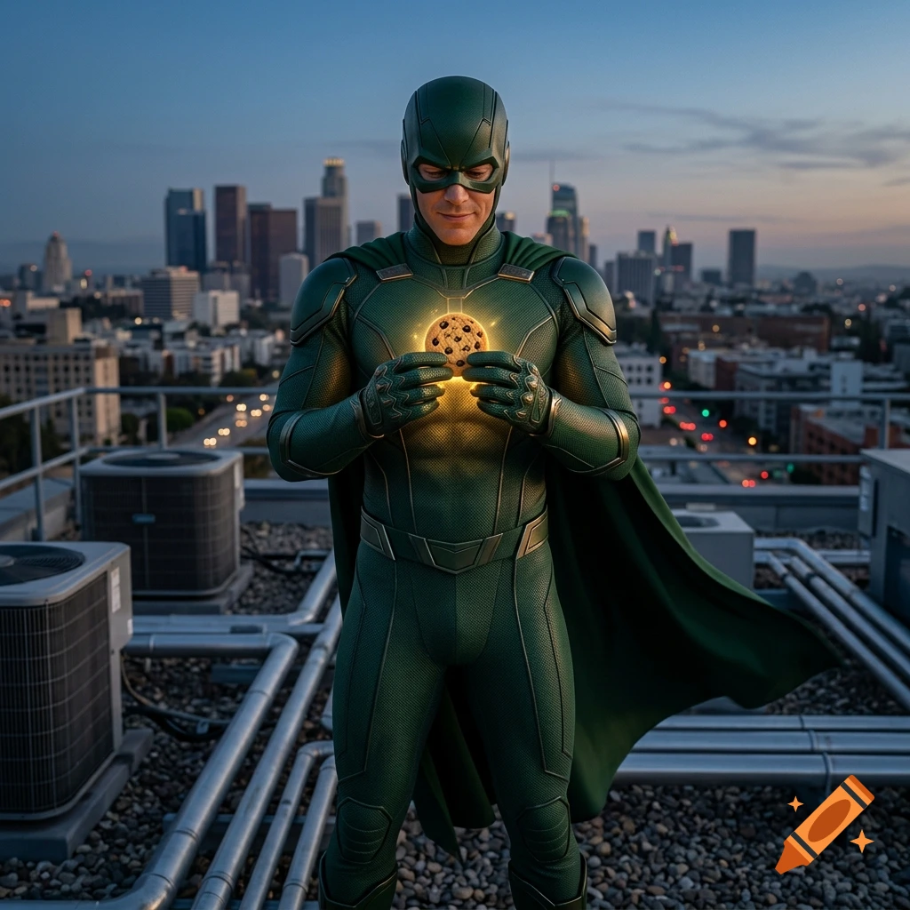 A photorealistic superhero in a green suit holding a glowing chocolate chip cookie on a rooftop at sunset with a city skyline in the background.