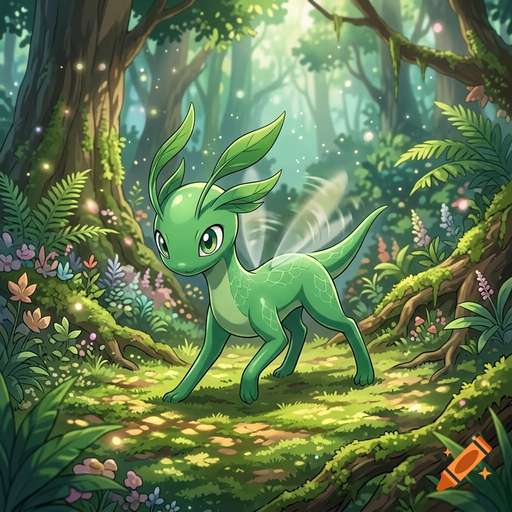 A small, green, fantasy creature with leaf-like ears and translucent wings stands in a sunlit forest with lush vegetation.