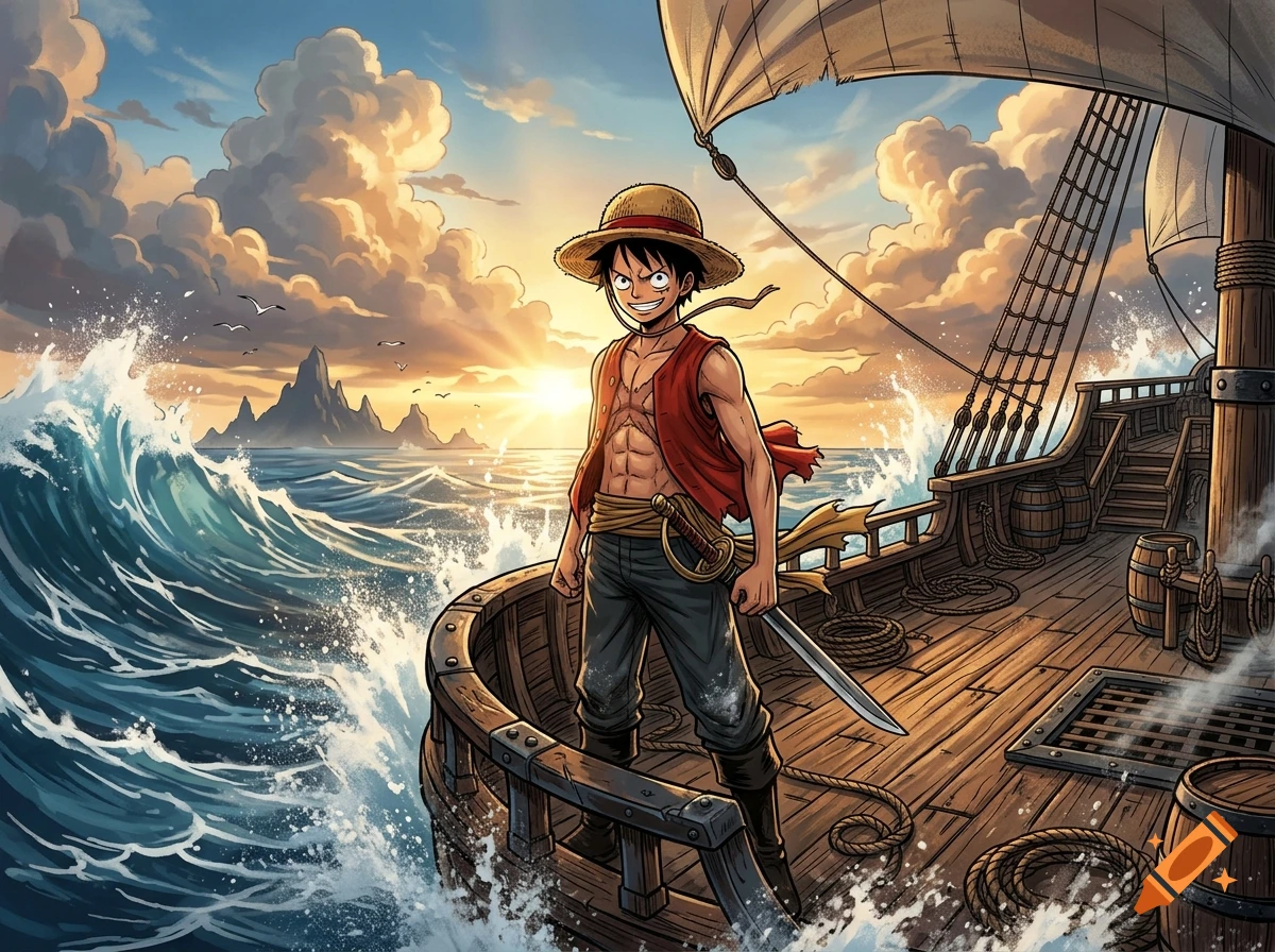 Anime style illustration of Luffy from One Piece standing on a wooden ship deck holding a sword, with ocean waves and sunset.