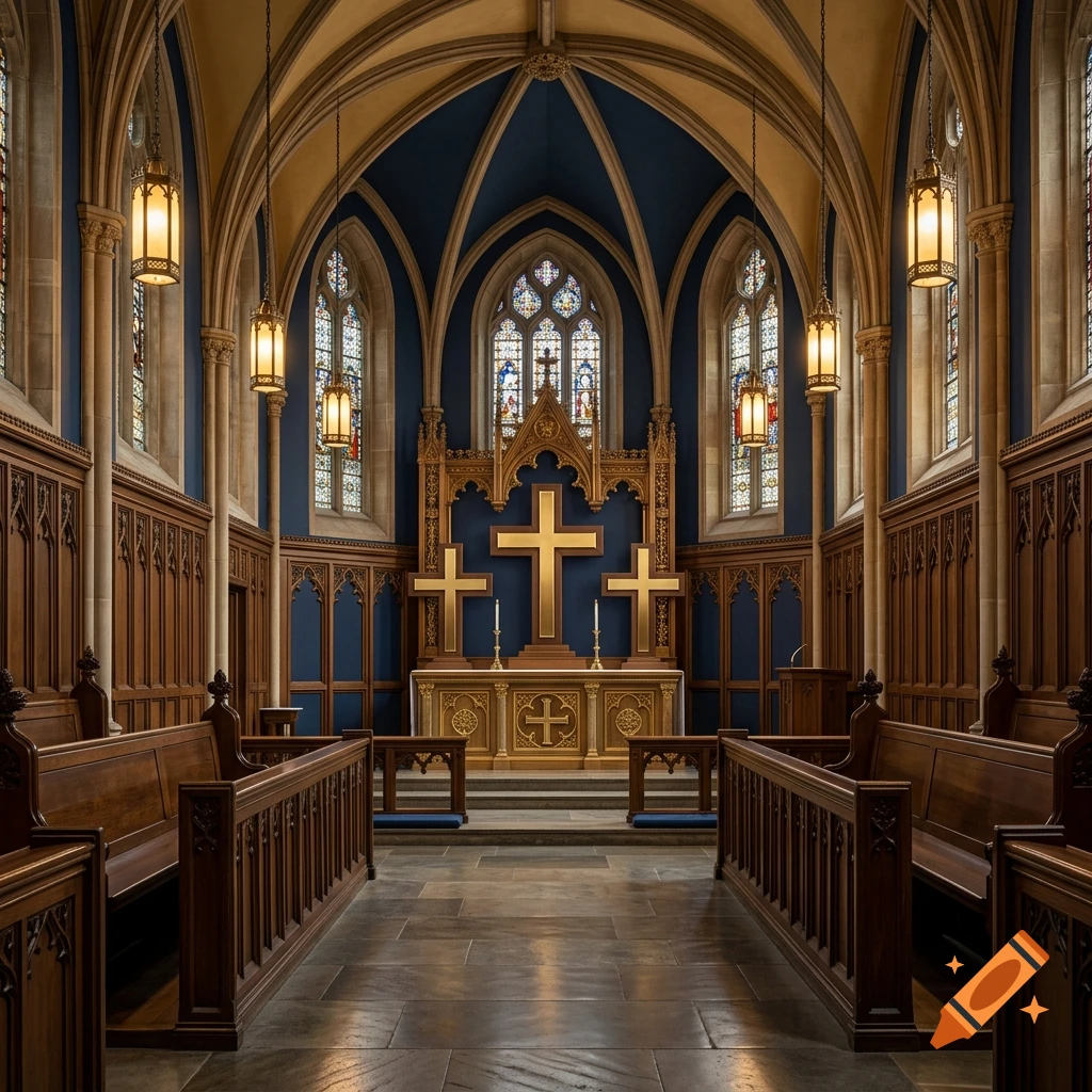 Interior view of a traditional gothic church with wooden pews, vaulted ceilings, stained glass windows, and crosses on the altar.