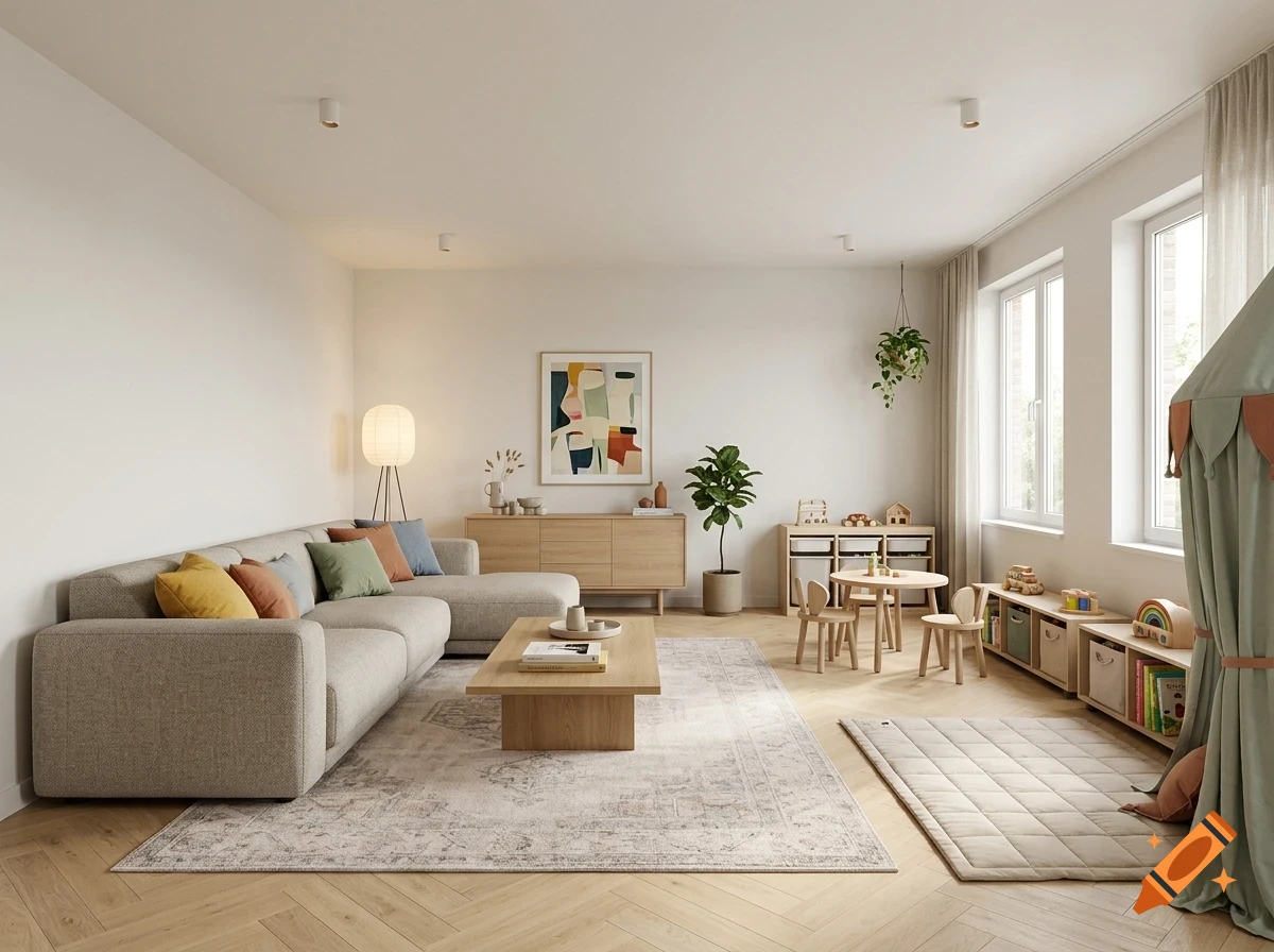 A modern living room with a neutral-toned sectional sofa, wooden coffee table, sideboard, and a children's play area with a table and toy storage units.