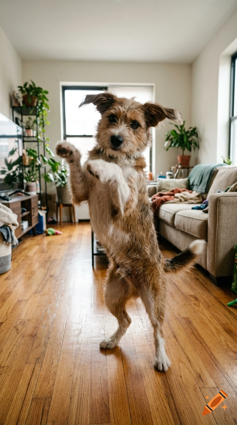 Photorealistic image of a scruffy brown and white terrier dog standing on its hind legs dancing in a living room.