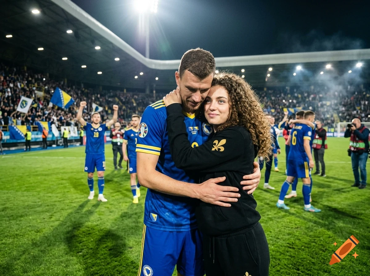 A male soccer player in a blue uniform and a curly-haired woman embracing on a lit soccer field with other players and a crowd in the background.