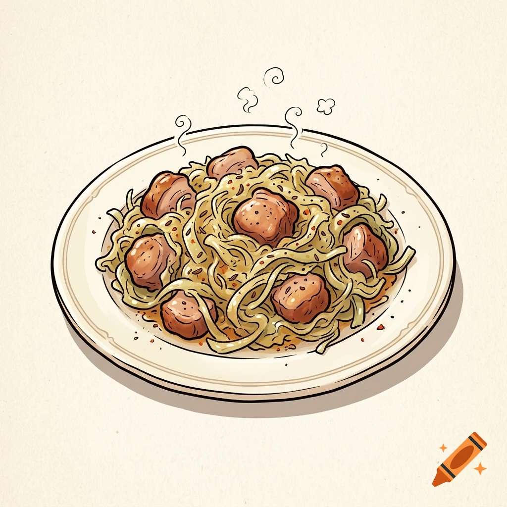 Cartoon drawing of a plate of krautfleckerl pasta with meat chunks in Garfield style.