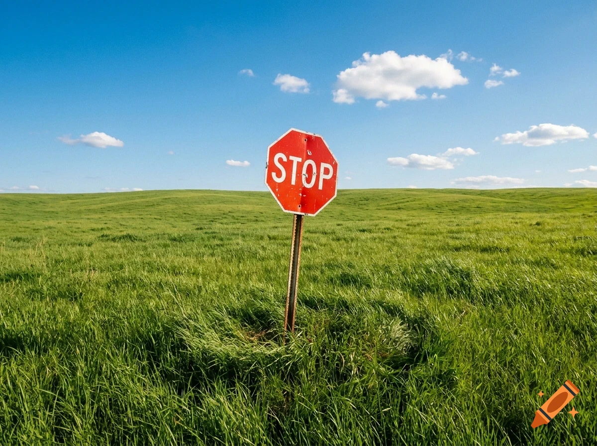 A red stop sign stands in the middle of a vast green grassy field under a bright blue sky with scattered white clouds.