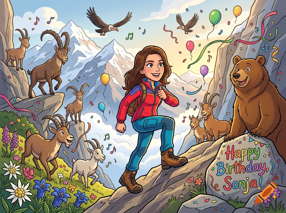 Cartoon illustration of a woman hiking up a mountain surrounded by animals and birthday decorations, with text reading 'Happy Birthday Sonja!'.