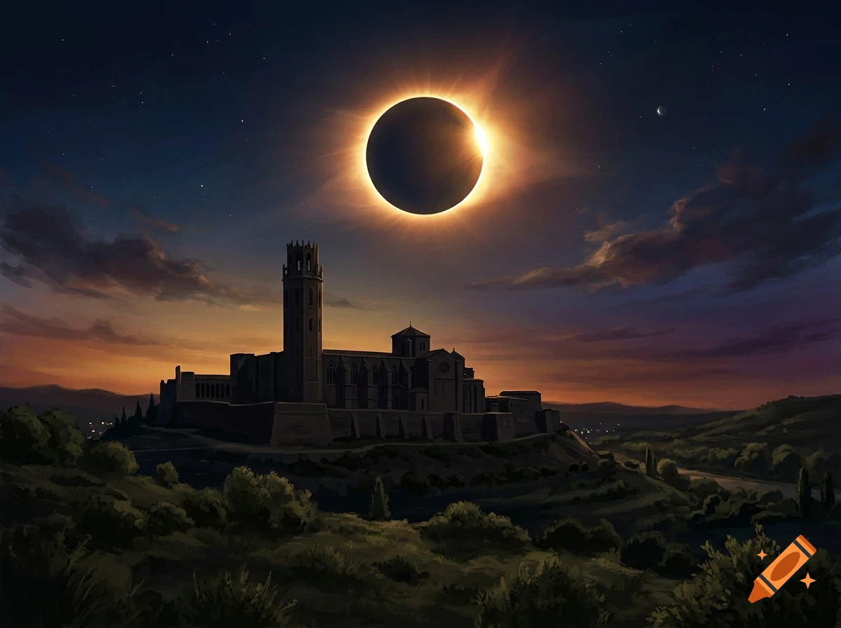 A total solar eclipse glows in the dark sky above a silhouetted castle and rolling hills at dusk.